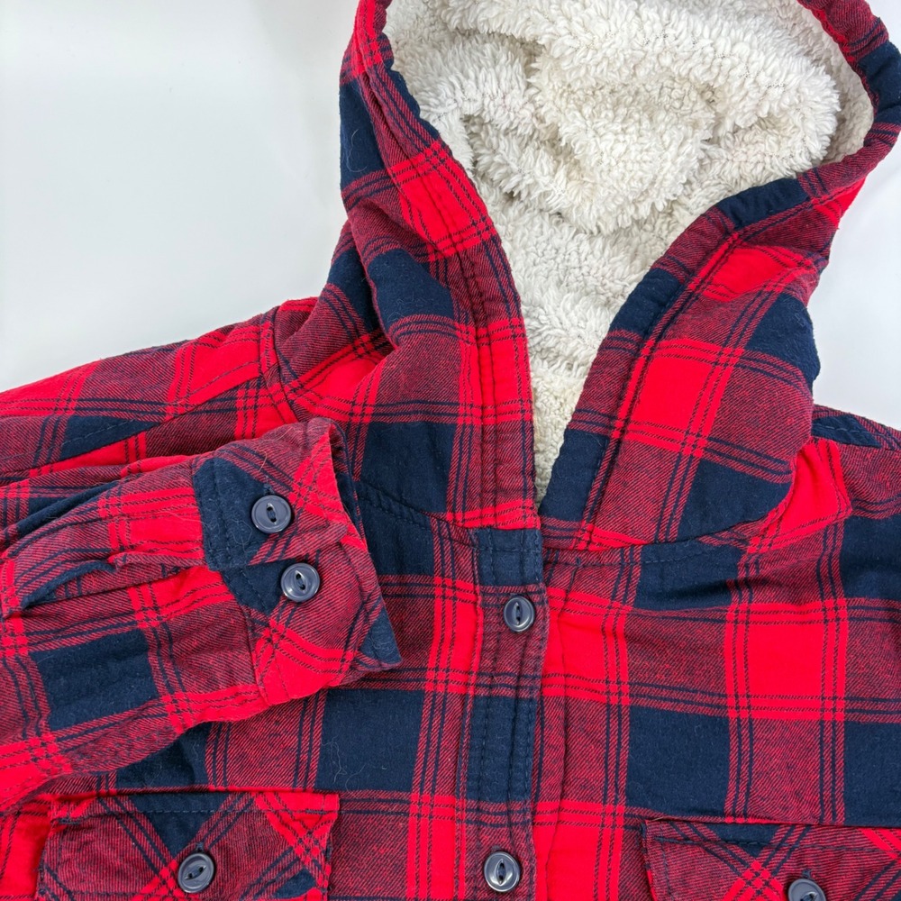 Boston Traders Hooded Flannel Women XL Red Navy Plaid Sherpa Lined Jacket